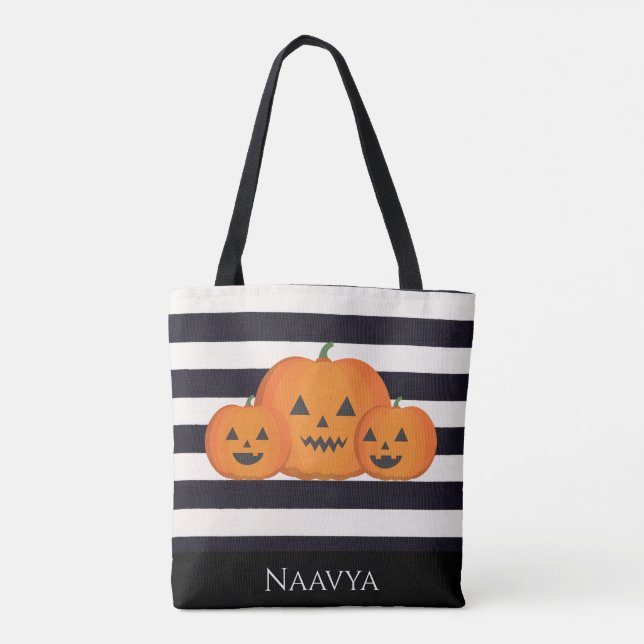 Cute Halloween Custom Name Trick or Treat Pumpkin  Tote Bag (Back)