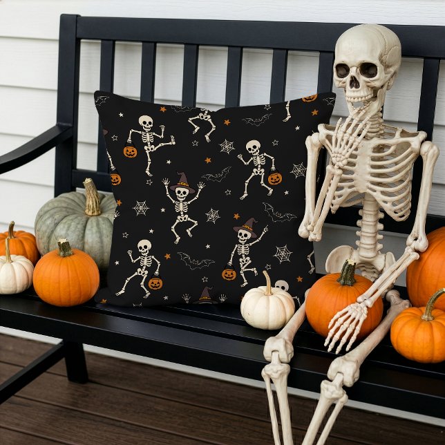 Cute Halloween Dancing Skeleton Pattern Black Cushion (Creator Uploaded)