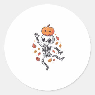 Cute Halloween Dancing Skeleton with Pumpkin Head Classic Round Sticker