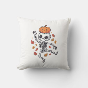 Cute Halloween Dancing Skeleton with Pumpkin Head Cushion