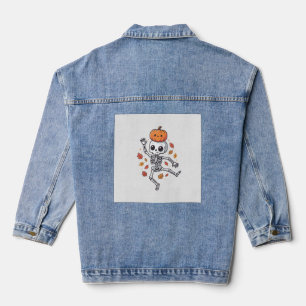Cute Halloween Dancing Skeleton with Pumpkin Head Denim Jacket