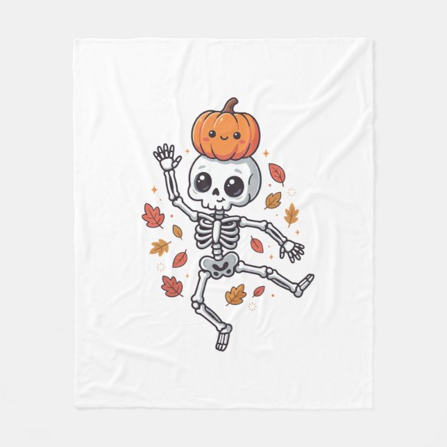 Cute Halloween Dancing Skeleton with Pumpkin Head Fleece Blanket (Front)