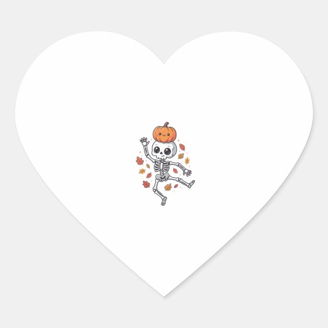 Cute Halloween Dancing Skeleton with Pumpkin Head Heart Sticker (Front)