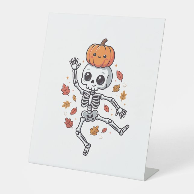 Cute Halloween Dancing Skeleton with Pumpkin Head Pedestal Sign (Front)