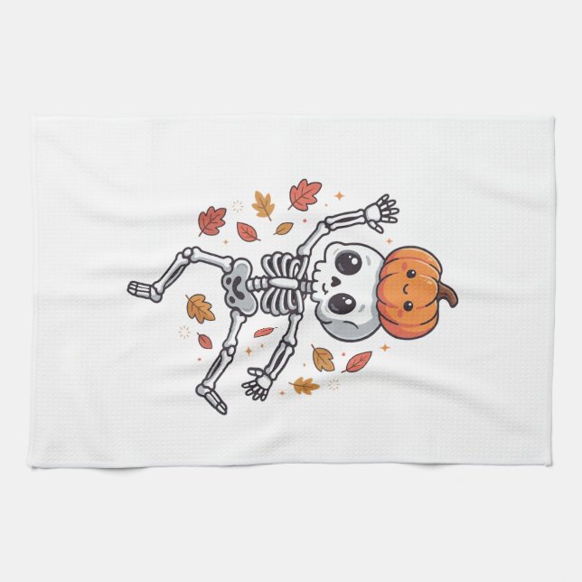 Cute Halloween Dancing Skeleton with Pumpkin Head Tea Towel (Horizontal)