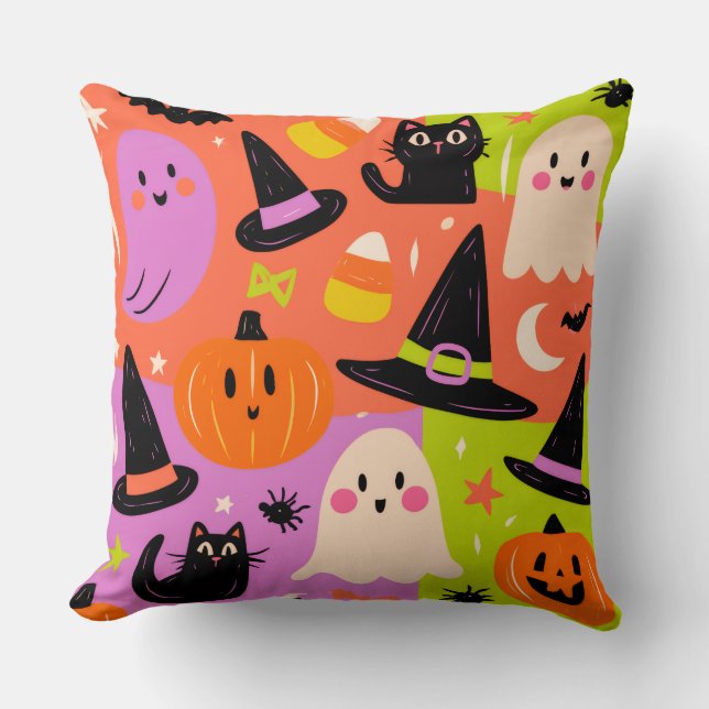 Cute Halloween Doodle - Ghost Pumpkin Cat Cushion (Front)