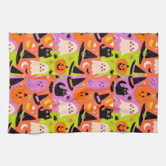 Cute Halloween Doodle - Ghost Pumpkin Cat Tea Towel