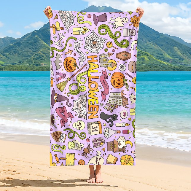 Cute Halloween Doodle Pattern Beach Towel (Creator Uploaded)