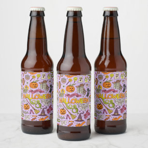 Cute Halloween Doodle Pattern Beer Bottle Label