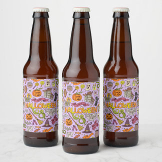 Cute Halloween Doodle Pattern Beer Bottle Label
