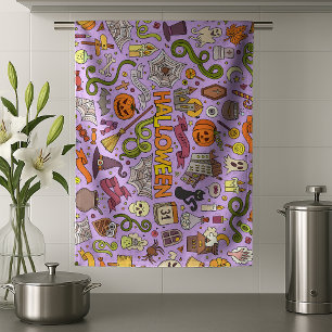 Cute Halloween Doodle Pattern Tea Towel