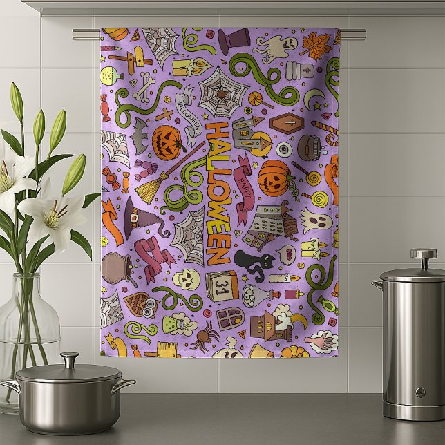 Cute Halloween Doodle Pattern Tea Towel (Creator Uploaded)
