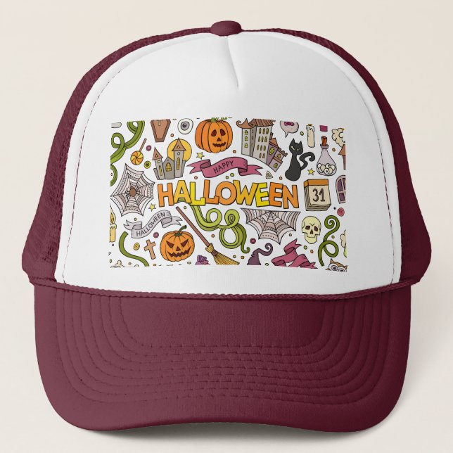 Cute Halloween Doodle Pattern Trucker Hat (Front)