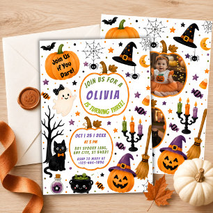 Cute Halloween Double Photo Pumpkin Birthday Invitation