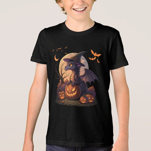 Cute Halloween Dragon Witch Hat Pumpkin Moon  Tri-Blend Shirt (Front)