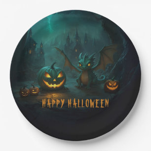 Cute Halloween Dragon with Scary Pumpkins Paper Plate