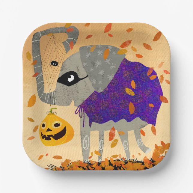 Cute Halloween Elephant Square Paper Plate (Front)