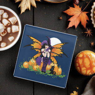 Cute Halloween Fairy Pumpkin Patch Black Cat Glass Coaster