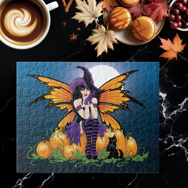 Cute Halloween Fairy Pumpkin Patch Black Cat Jigsaw Puzzle (Creator Uploaded)