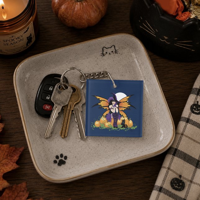 Cute Halloween Fairy Pumpkin Patch Black Cat Key Ring (Creator Uploaded)