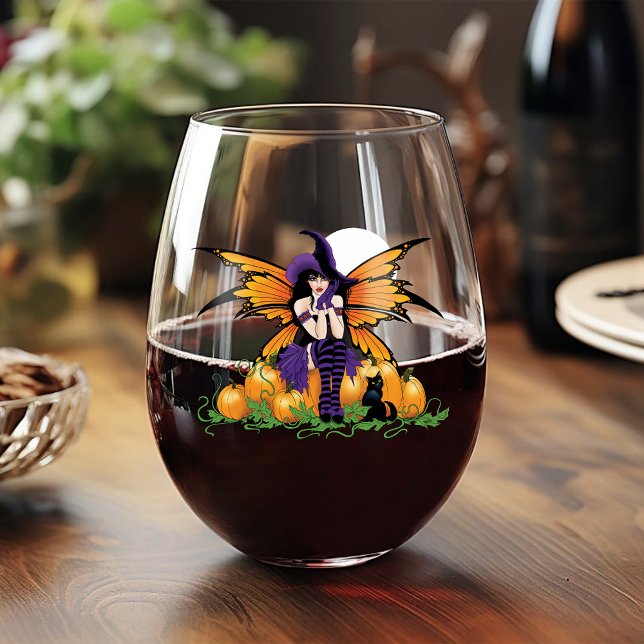 Cute Halloween Fairy Pumpkin Patch Black Cat Stemless Wine Glass (Creator Uploaded)