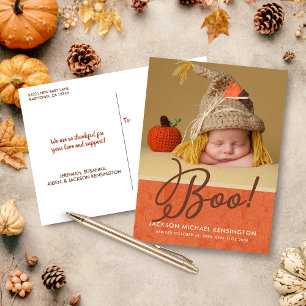 Cute Halloween Fall Autumn Baby Birth Photo Announcement Postcard