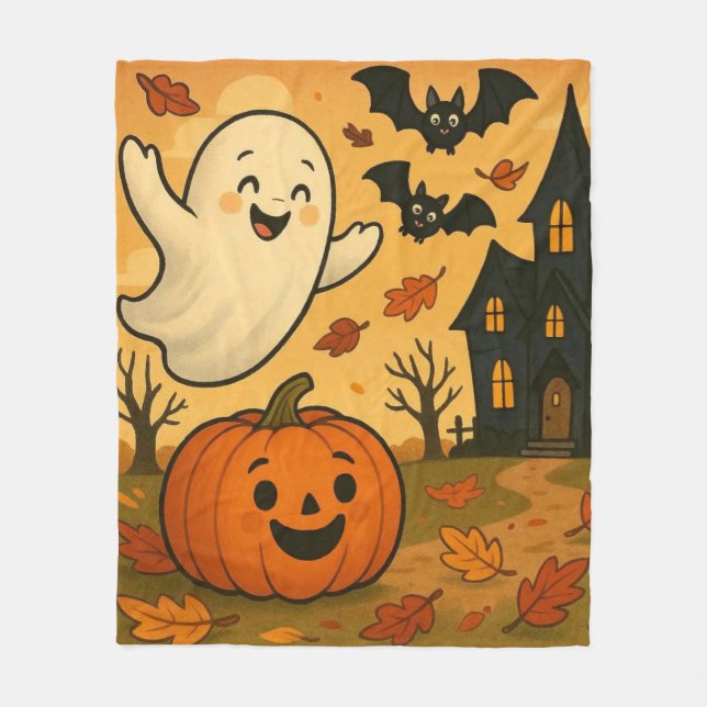 Cute Halloween/fall ghost pumpkin cartoon Fleece Blanket (Front)