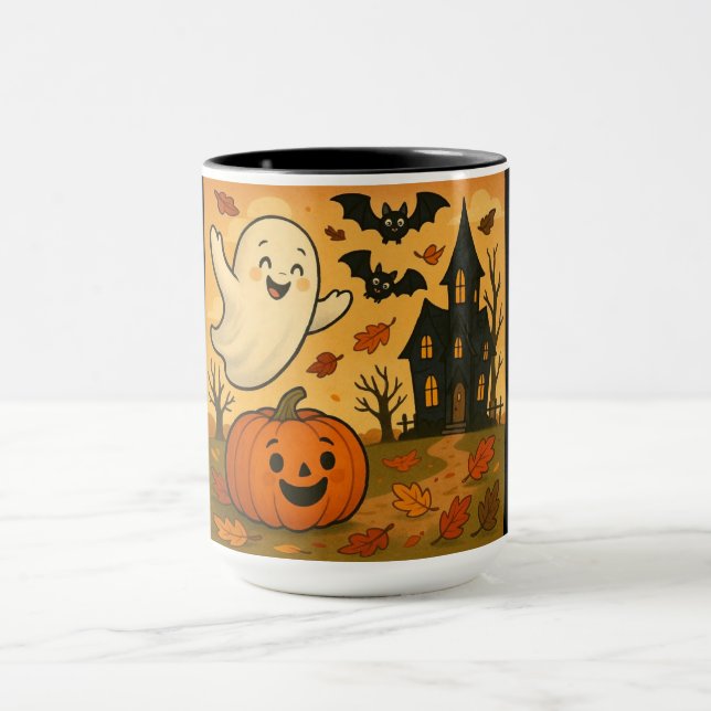 Cute Halloween/fall ghost pumpkin cartoon Mug (Center)
