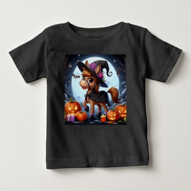 Cute Halloween/Fall horse, bat & pumpkins Baby T-Shirt (Front)