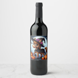Cute Halloween/Fall horse, bat & pumpkins Wine Label
