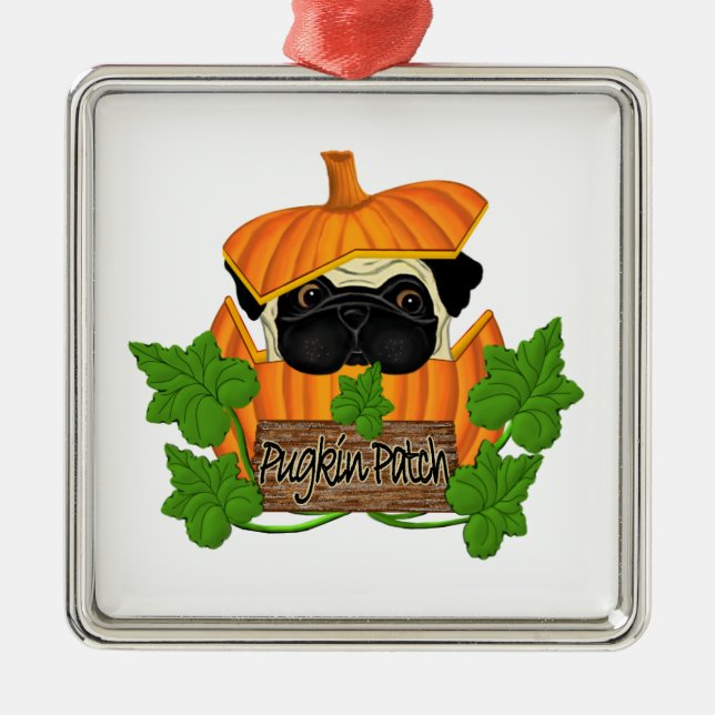Cute Halloween Fall Pug Pugkin Pumpkin Patch Metal Tree Decoration (Front)