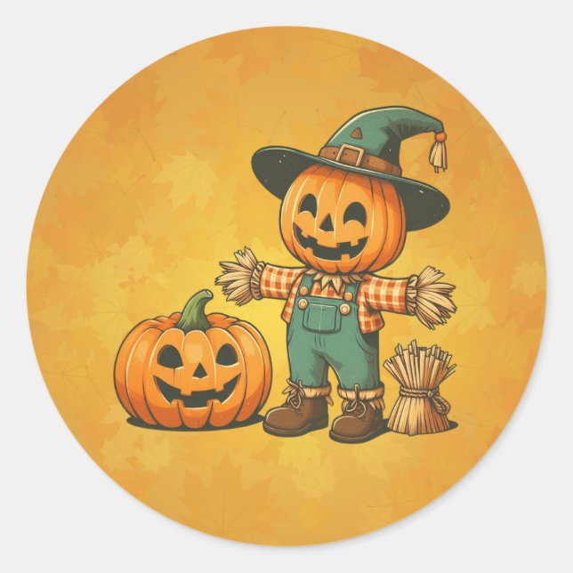 Cute Halloween/Fall scarecrow and pumpkin Classic Round Sticker (Front)