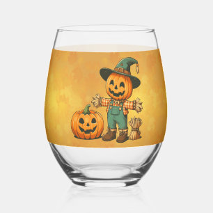 Cute Halloween/Fall scarecrow and pumpkin Stemless Wine Glass