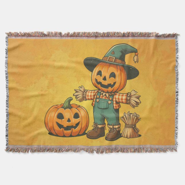 Cute Halloween/Fall scarecrow and pumpkin Throw Blanket (Front)