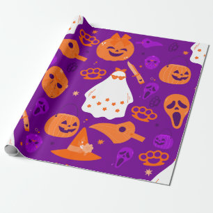 cute halloween floral ghost orange wrapping paper