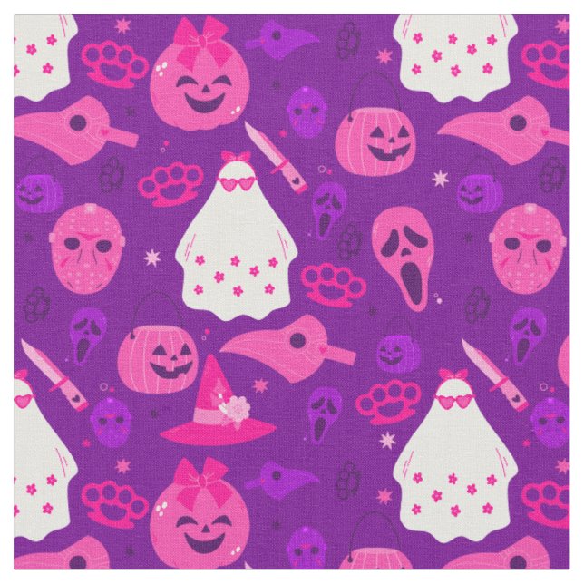 cute halloween floral ghost pink  fabric (Close Up)