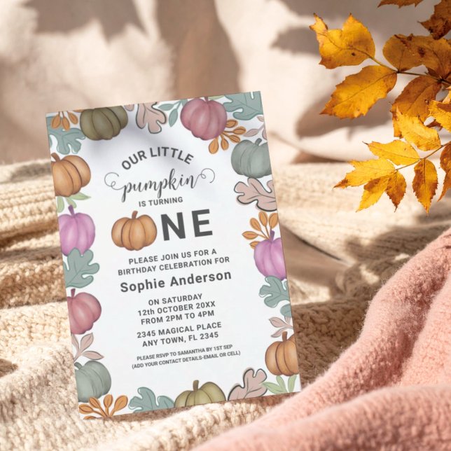 Cute Halloween & Foliage 1st Birthday Pastel Party Invitation (Creator Uploaded)