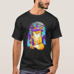 Cute Halloween Fox Witch With Moon And Tree Silhou T-Shirt