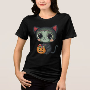 Cute Halloween Frankenstein Cat T-Shirt Tri-Blend Shirt