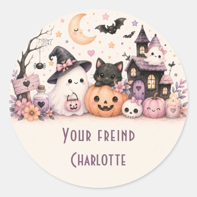 Cute Halloween Friends Name Round Sticker (Front)