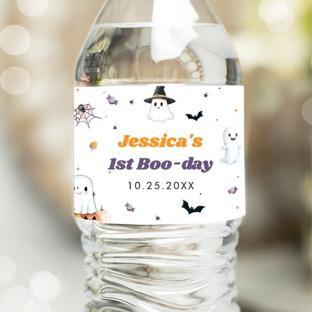 Cute Halloween Ghost 1st Birthday Party Water Bottle Label (Creator Uploaded)