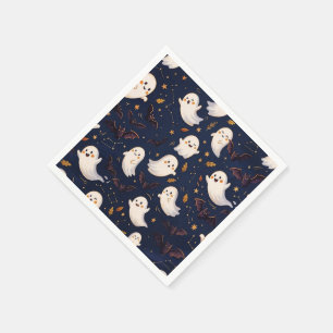 Cute Halloween Ghost and Bat Navy Blue Night Napkin