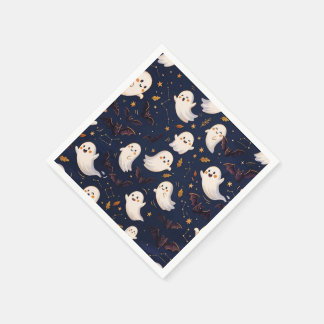 Cute Halloween Ghost and Bat Navy Blue Night Napkin