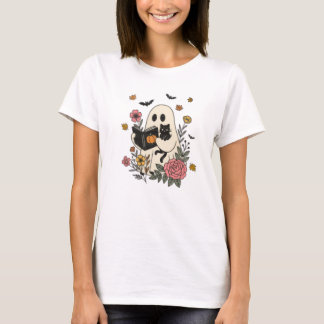 Cute Halloween Ghost and Black Cat Floral T-Shirt