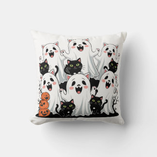 Cute Halloween Ghost and Black Cat Throw Pillow