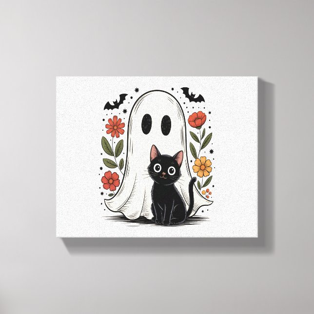 Cute Halloween Ghost and Cat Canvas Print (Front)