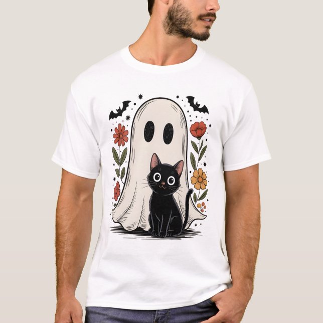 Cute Halloween Ghost and Cat T-Shirt (Front)