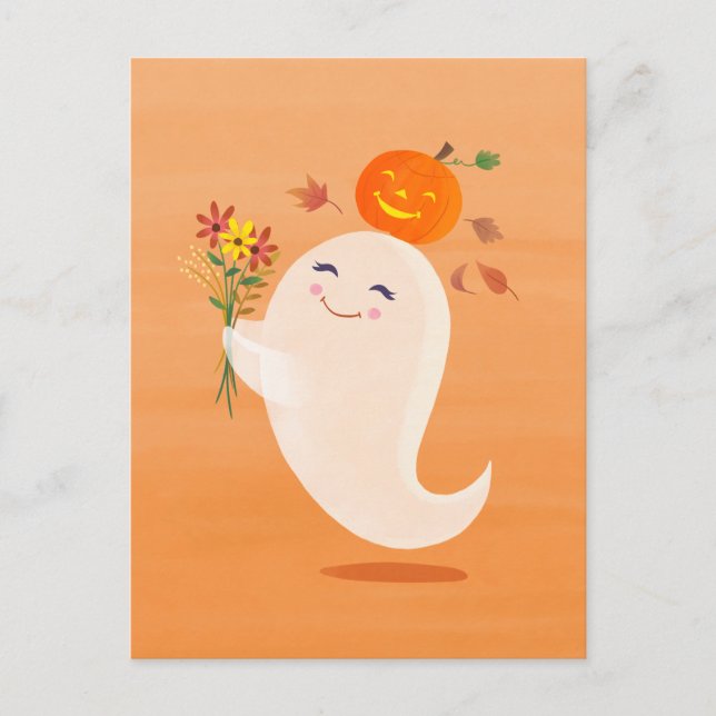 Cute Halloween Ghost and Flowers Orange Postcard (Front)