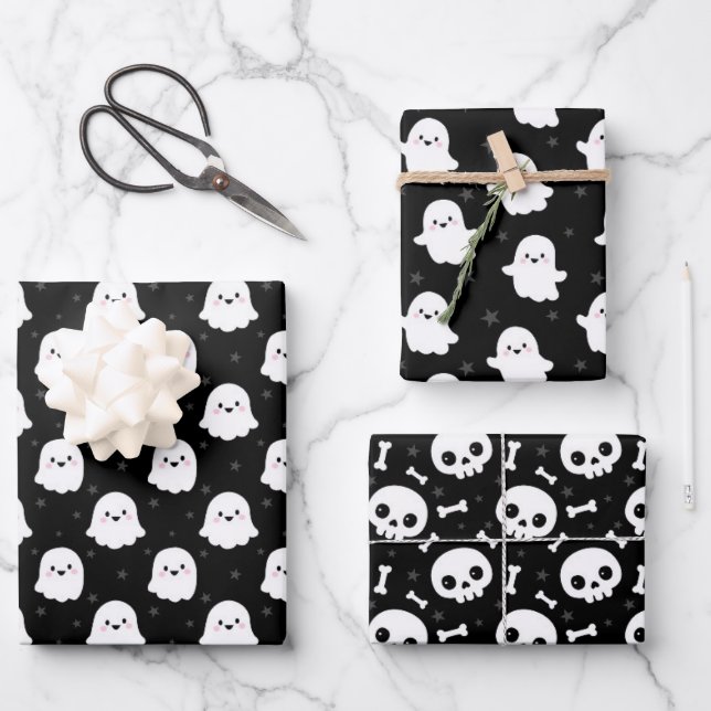 Cute Halloween Ghost and Skulls Patterns Wrapping Paper Sheet (Front)