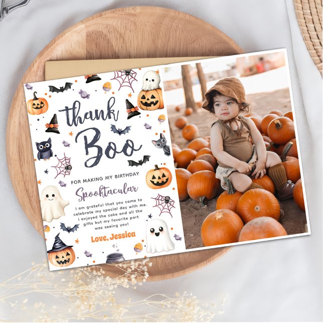 Cute Halloween Ghost Birthday Party Photo Thank You Card (Creator Uploaded)